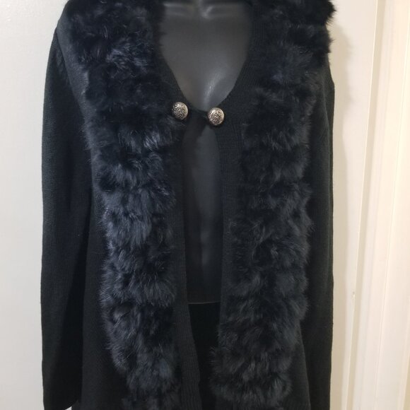 Bella NWT Rabbit Fur Trim Asymmetrical Open Front Cardigan XL Black - Picture 9 of 9